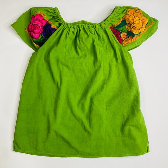 Hand Embroidered Green Floral Blouse Handmade In Mexico - Picture 10 of 10